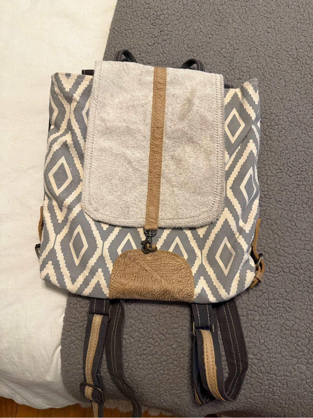 Myra Bag Gray and Cream Canvas Backpack with Brown Accents